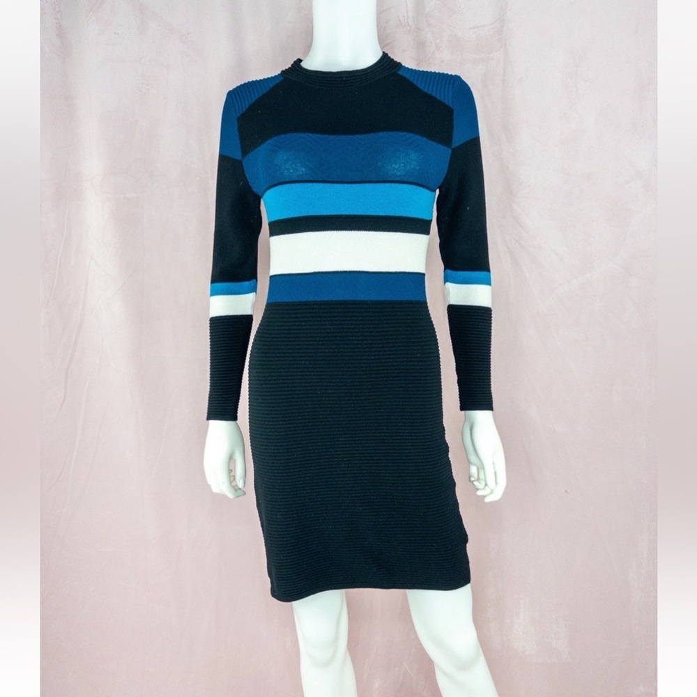 Krimson Klover Womens Black Blue Striped Dress Size XS Bodycon Viscose Crewneck